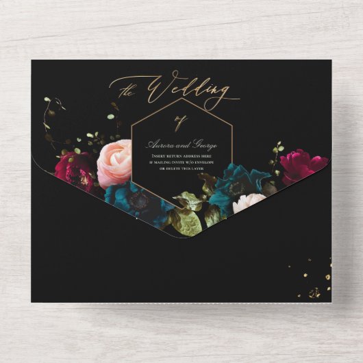 PixDezines Moody Floral Burgundy Blauwgroen All In One Uitnodiging (Achterkant)