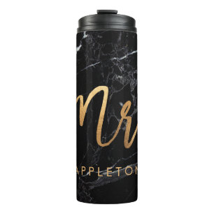 PixDezines Mr. BLACK MARBLE FAUX GOLD Thermosbeker