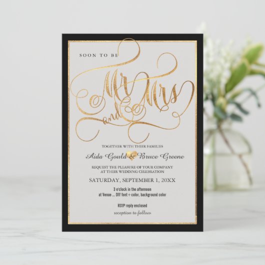 PixDezines Mr. Mrs. Faux Gold Fancy Script Kaart (Staand voorkant)