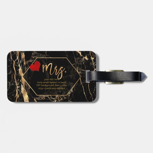 PixDezines MRS ZWART MARMER + FAUX GOUD Bagagelabel (Achterkant horizontaal)