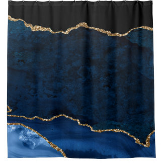 PixDezines Navy Blue H2 Agate Faux Gold Veins Douchegordijn
