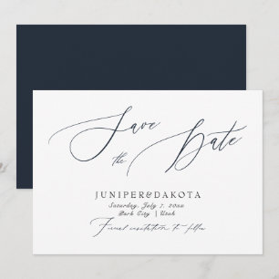 PixDezines Navy Blue Moderne Script Save the Date Kaart