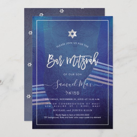 PixDezines Navy Blue+Platinum Talitz Bar Mitzvah Kaart (Voorkant / Achterkant)