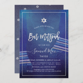 PixDezines Navy Blue+Platinum Talitz Bar Mitzvah Kaart