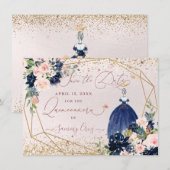 PixDezines Navy Blue Save the Date Quinceanera Kaart (Voorkant / Achterkant)