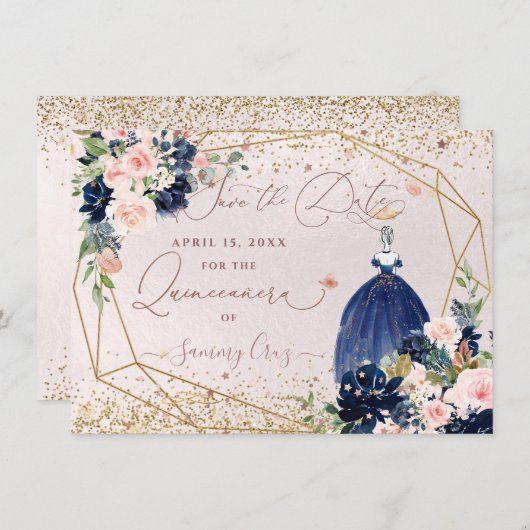 PixDezines Navy Blue Save the Date Quinceanera Kaart (Voorkant / Achterkant)