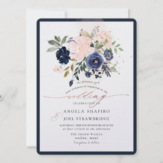 PixDezines Navy Blush Waterverf Flowers Invitatie Kaart (Voorkant)