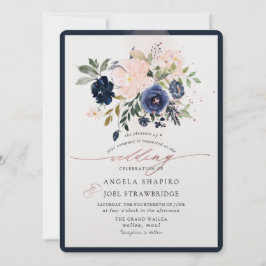 PixDezines Navy Blush Waterverf Flowers Invitatie Kaart
