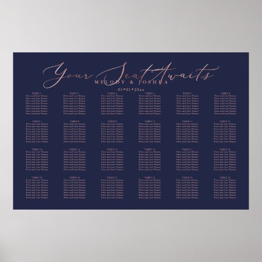 PixDezines Navy+Roos Gold Script, Zitdiagram Poster (Voorkant)