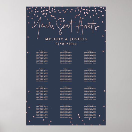 PixDezines Navy+Rose Goud Script, zitplaatskaart Poster (Voorkant)