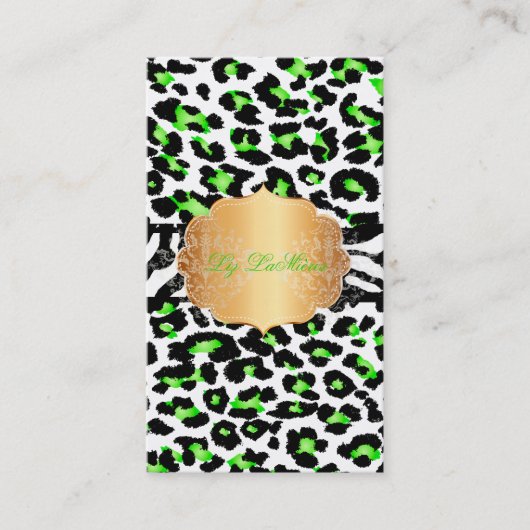 PixDezines neon groene cheetah+zebra Visitekaartje (Voorkant)