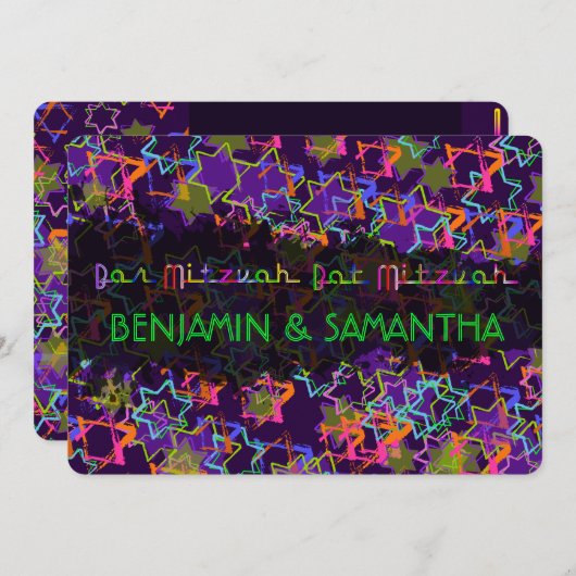 PixDezines NEON/GRUNG STARS/BAR+BAT MITZVAH Kaart (Voorkant / Achterkant)
