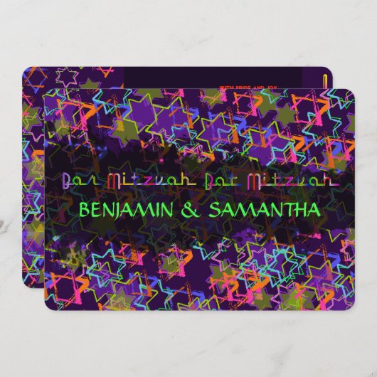 PixDezines NEON/GRUNGE STARS/BAR+BAT MITZVAH Kaart (Voorkant / Achterkant)
