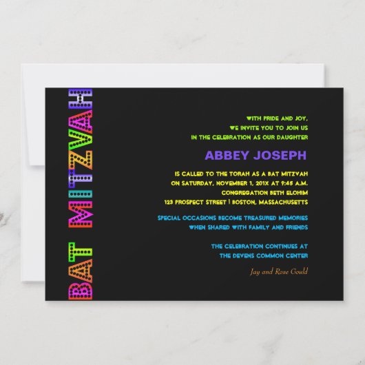 PixDezines Neon Lights Bat Mitswa Kaart (Achterkant)