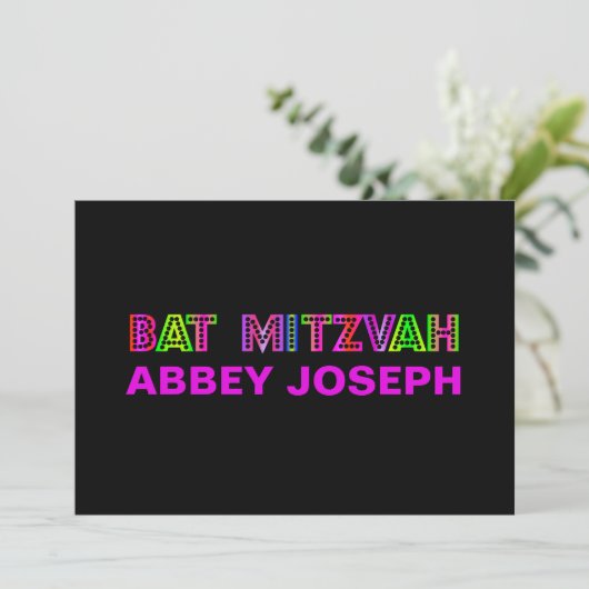 PixDezines Neon Lights Bat Mitzvah Kaart (Staand voorkant)