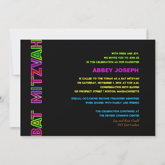 PixDezines Neon Lights Bat Mitzvah Kaart (Achterkant)