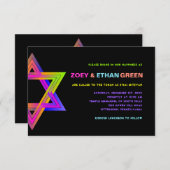 PixDezines Neon Ster van David B'nai Mitswa Uitnod Kaart (Voorkant / Achterkant)