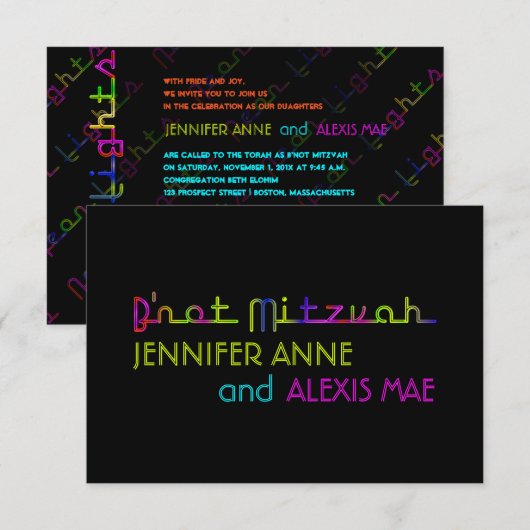 PixDezines neonlichten b'not mitzvah Kaart (Voorkant / Achterkant)