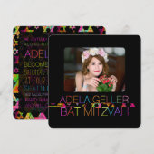 PixDezines neons/typografie/bat mitzvah Uitnodigin Kaart (Voorkant / Achterkant)