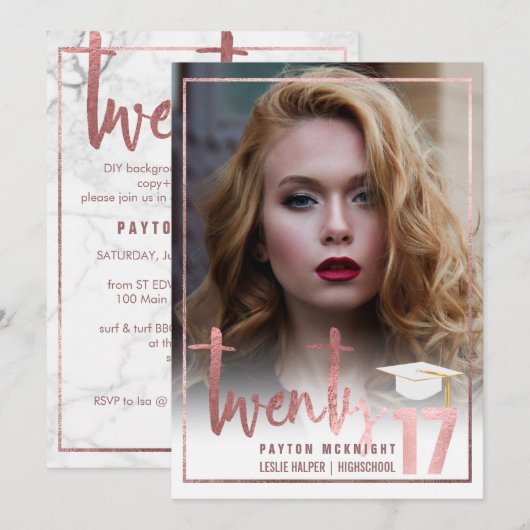 PixDezines Nep-rose goud/Marmer Afstuderen Kaart (Voorkant / Achterkant)