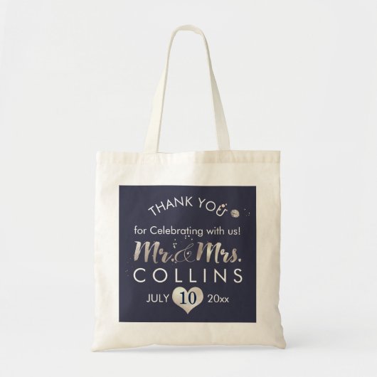 PixDezines Nep Zilver Hart/Mr.&Mrs./Dank Je Tote Bag (Voorkant)