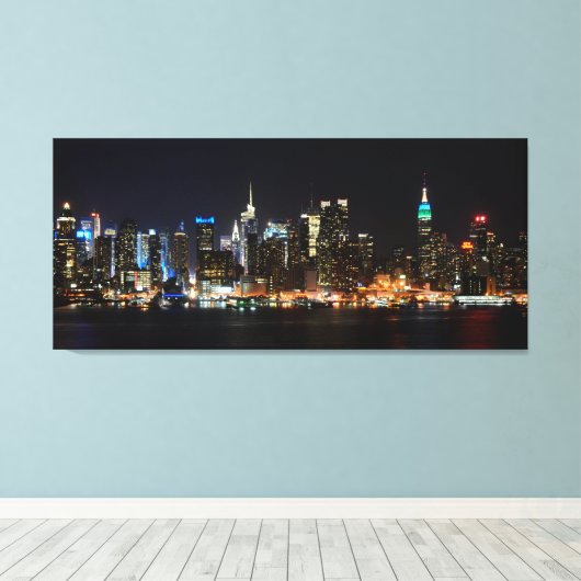 PixDezines NYC Skyline/Manhattan/Nachtverlichting Canvas Afdruk (Insitu (Houten vloer))