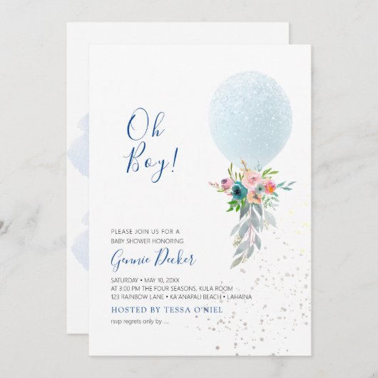 PixDezines Oh Boy Balloon Baby shower Kaart (Voorkant / Achterkant)