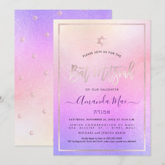 PixDezines Ombre Blush Pink+Violet Bat Mitswa Kaart (Voorkant / Achterkant)