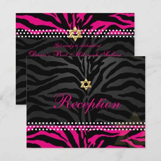 PixDezines-ontvangst/hot-roze zebra/bat mitzvah Informatiekaartje (Voorkant / Achterkant)