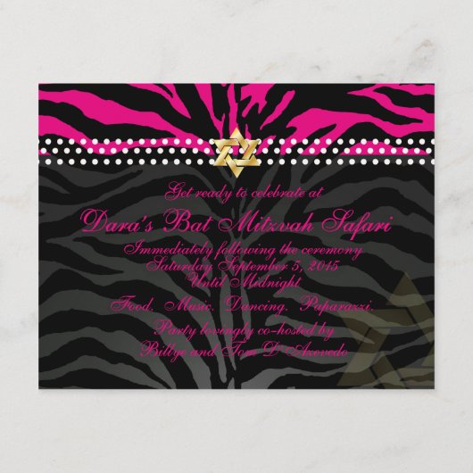 PixDezines-ontvangst/hot-roze zebra/bat mitzvah Informatiekaartje (Achterkant)