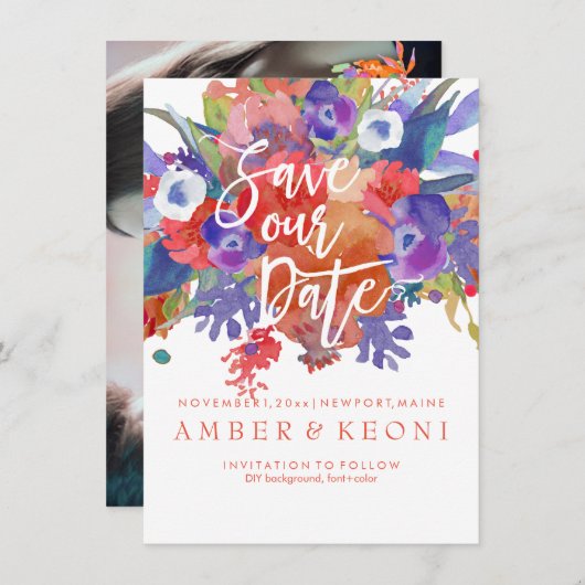 PixDezines Opslaan Datum/Bloemen Waterverf/Herfst Save The Date (Voorkant / Achterkant)