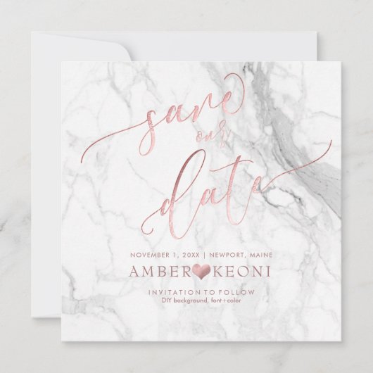 PixDezines Opslaan Datum/Faux Roos Goud/Wit Marmer Save The Date (Voorkant)