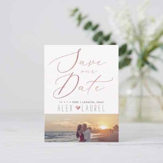 PixDezines Opslaan Datum, Faux Roos Gouden Kalligr Briefkaart (Staand voorkant)