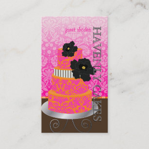 PixDezines Oranje+Hot Roze damast cake/taart Visitekaartje
