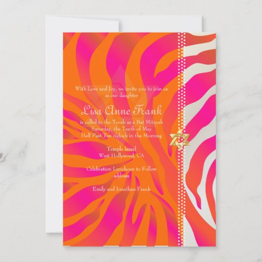 PixDezines Oranje Zebra, Bat Mitzvah Kaart (Achterkant)