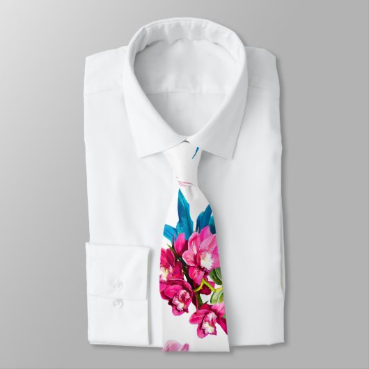 PixDezines Orchid Isle, Roze Orchids Blue Palms Stropdas (Gebonden)