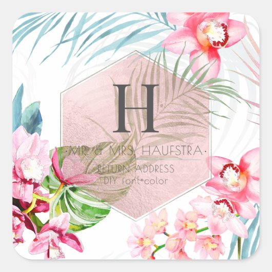 PixDezines Orchidee Isle, Roze Orchid+Palms Vierkante Sticker (Voorkant)