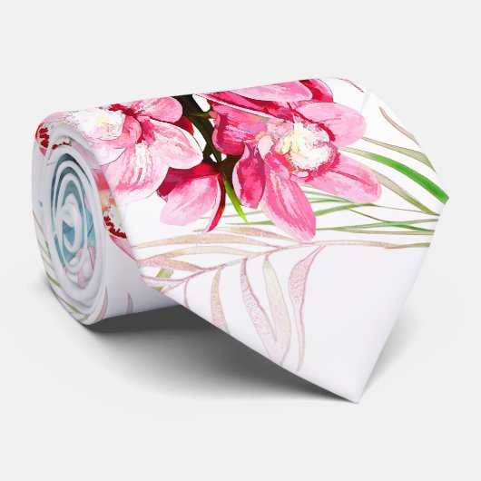 PixDezines Orchideeën Eiland, Roze Orchideeën Blau Stropdas (Opgerold)