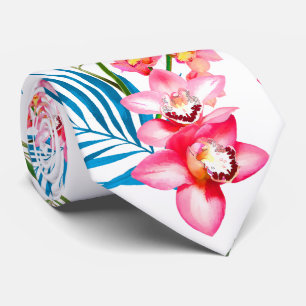 PixDezines Orchideeën Eiland, Roze Orchideeën Blau Stropdas