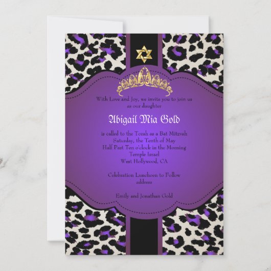 PixDezines Paars Leopard+tiara/bat mitzvah Kaart (Achterkant)