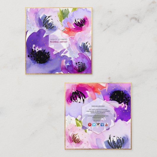 PixDezines PAARS WATER ROOS/FLORAL WATERVERF Vierkante Visitekaartje (Voorkant / Achterkant)