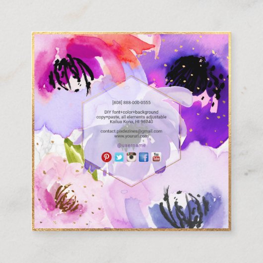 PixDezines PAARS WATER ROOS/FLORAL WATERVERF Vierkante Visitekaartje (Achterkant)