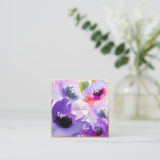 PixDezines PAARS WATER ROOS/FLORAL WATERVERF Vierkante Visitekaartje (Staand voorkant)