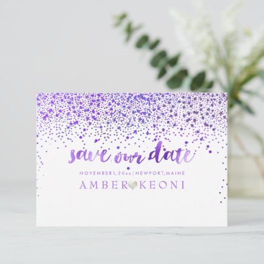 PixDezines Paarse Confetti/Save onze datum Save The Date (Staand voorkant)
