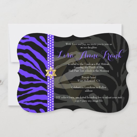 PixDezines paarse/DIY kleur/Zebra Bat Mitzvah Kaart (Achterkant)