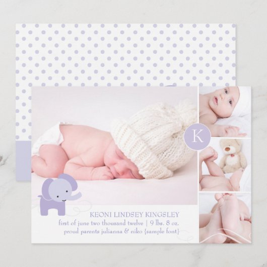 PixDezines paarse olifant foto's geboortebericht Aankondiging (Voorkant / Achterkant)