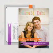 PixDezines paarse+oranje bewaar de datum Aankondigingskaart (Voorkant / Achterkant)