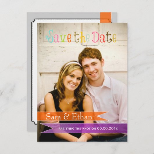 PixDezines paarse+oranje bewaar de datum Aankondigingskaart (Voorkant / Achterkant)