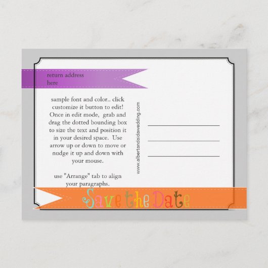 PixDezines paarse+oranje bewaar de datum Aankondigingskaart (Achterkant)