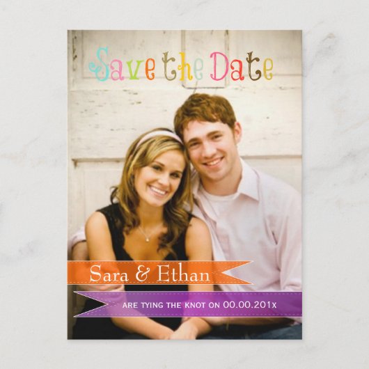 PixDezines paarse+oranje bewaar de datum Aankondigingskaart (Voorkant)